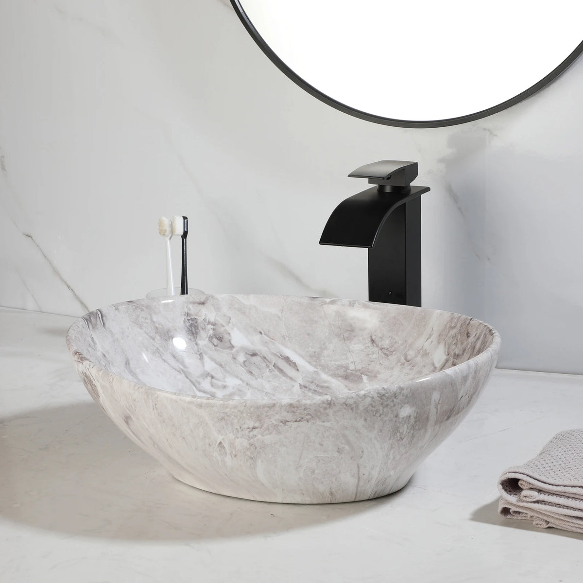 Mekkhala Oval Ceramic Vessel Sink With Waterfall Faucet