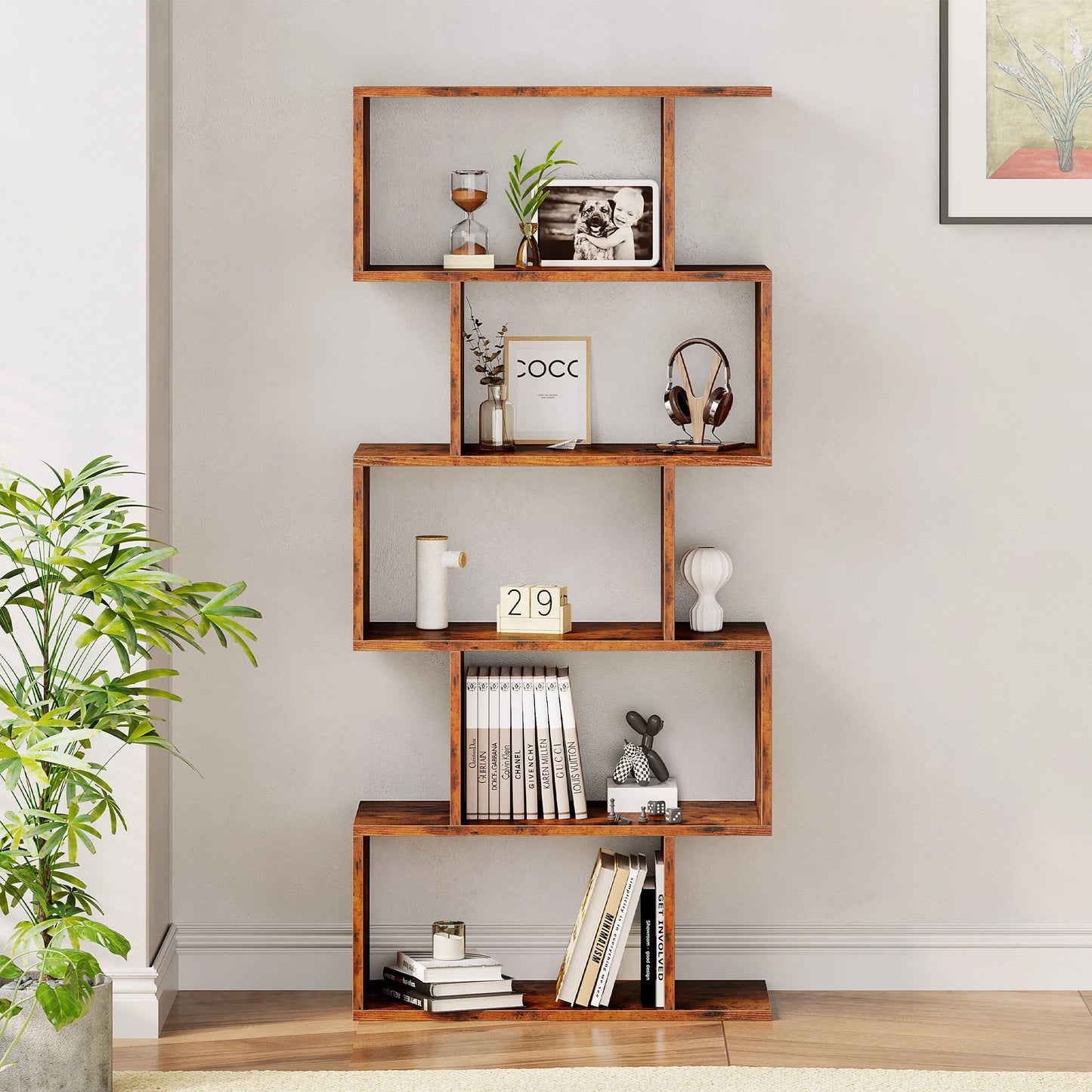 JHK S Shaped Geometric 5 Tier Bookcase Wood Display Shelf