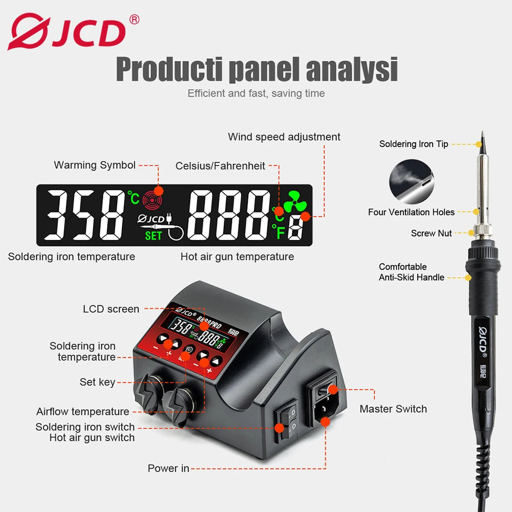 JCD 8898Pro 2-in-1 Soldering Station With Hot Air Gun LCD