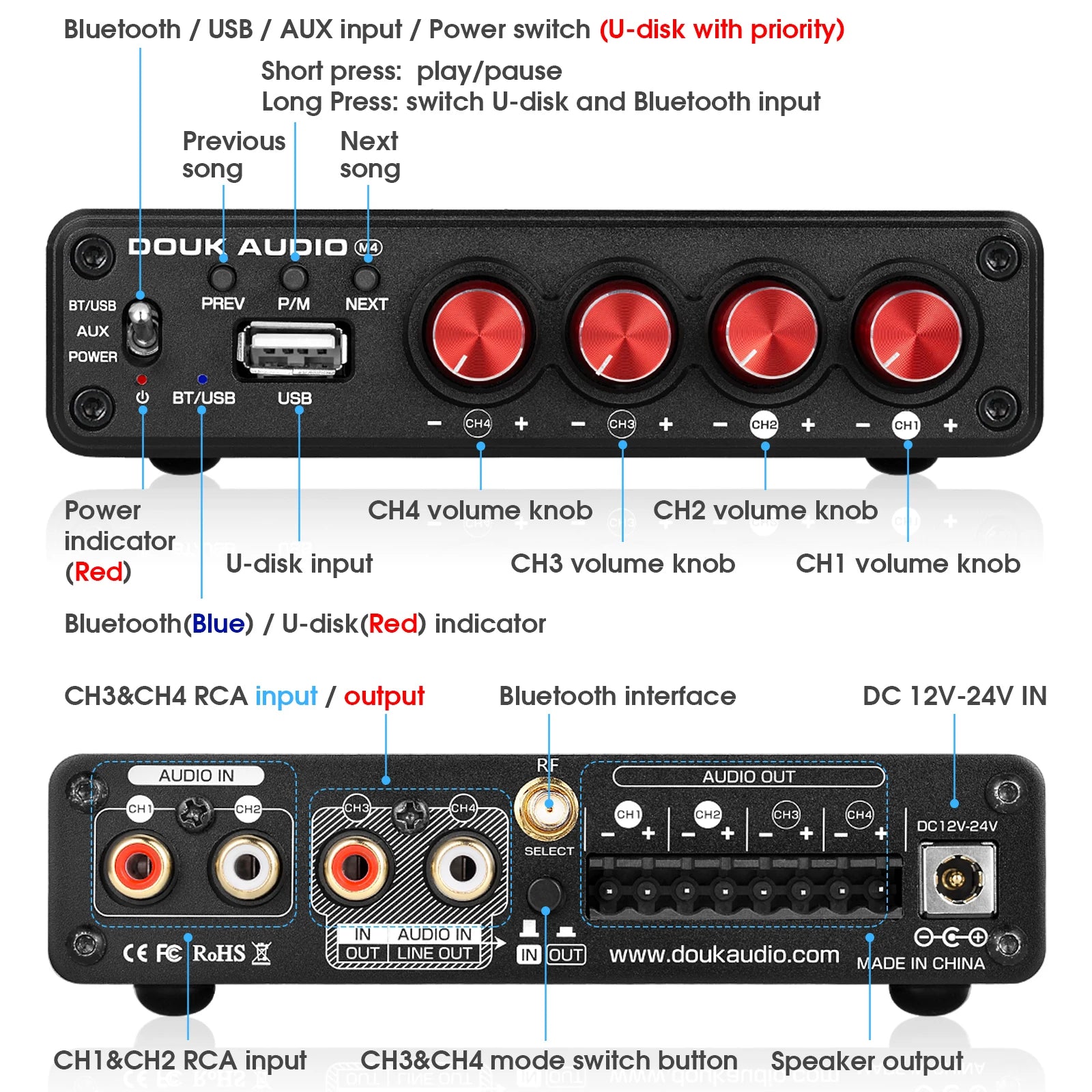 Douk Audio M4 50W Per Channel Bluetooth Stereo Power Amplifier - Home and Haven Store