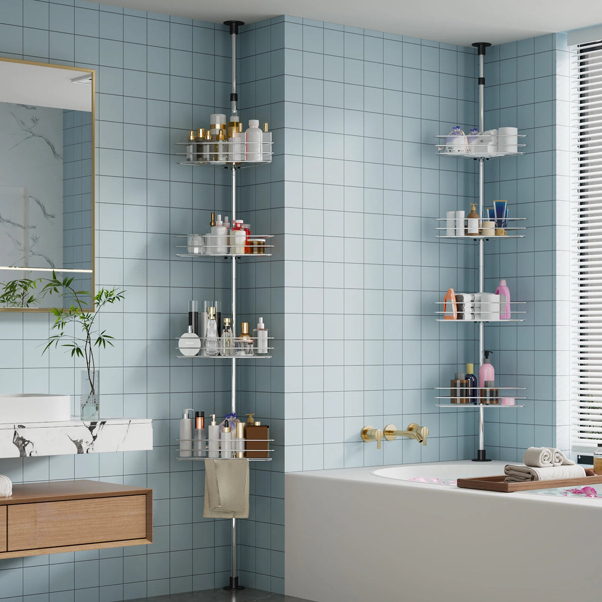 Adjustable Four Tier Corner Shower Caddy Rustproof Metal Bathroom Organizer