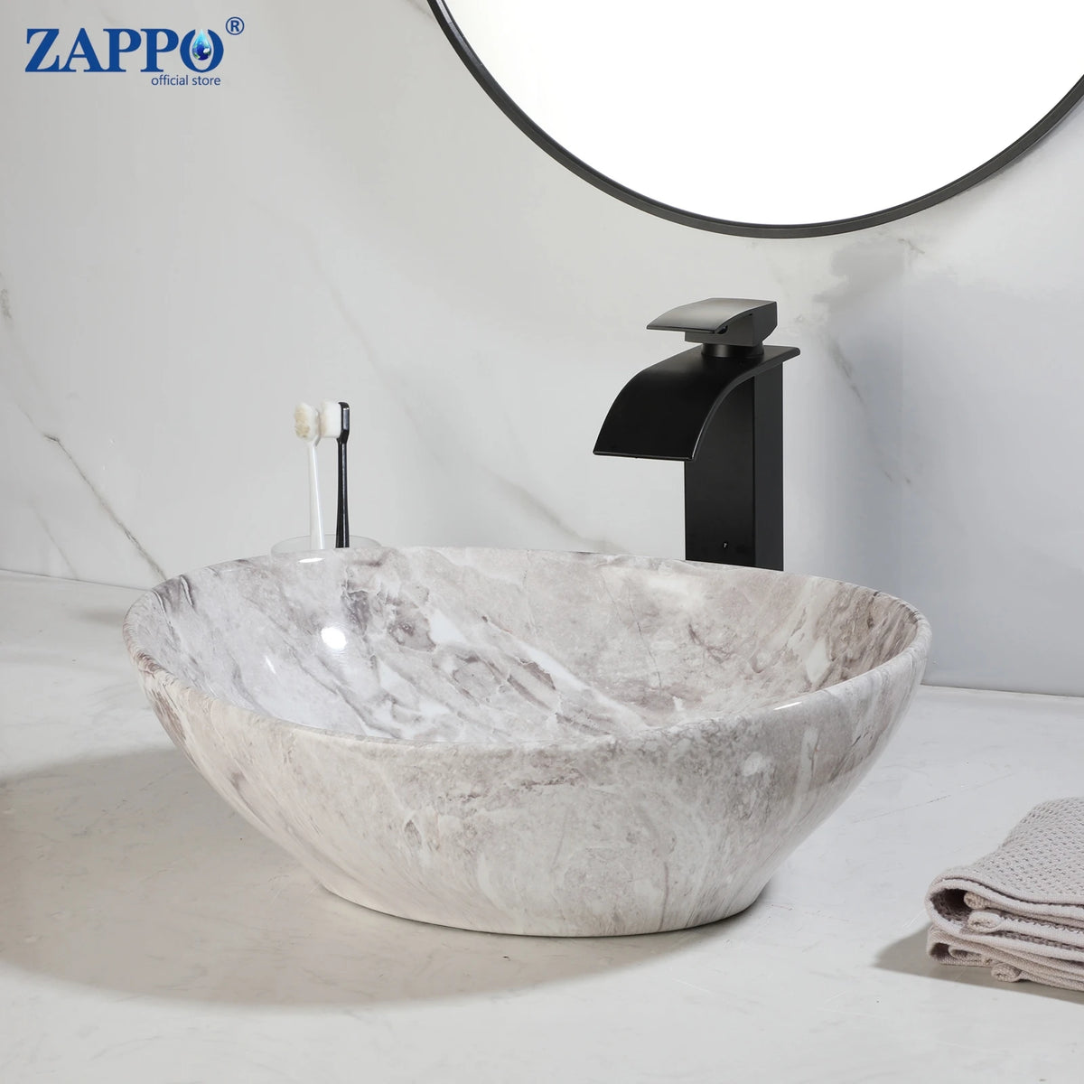 Mekkhala Ceramic Vessel Bathroom Sink With Waterfall Faucet