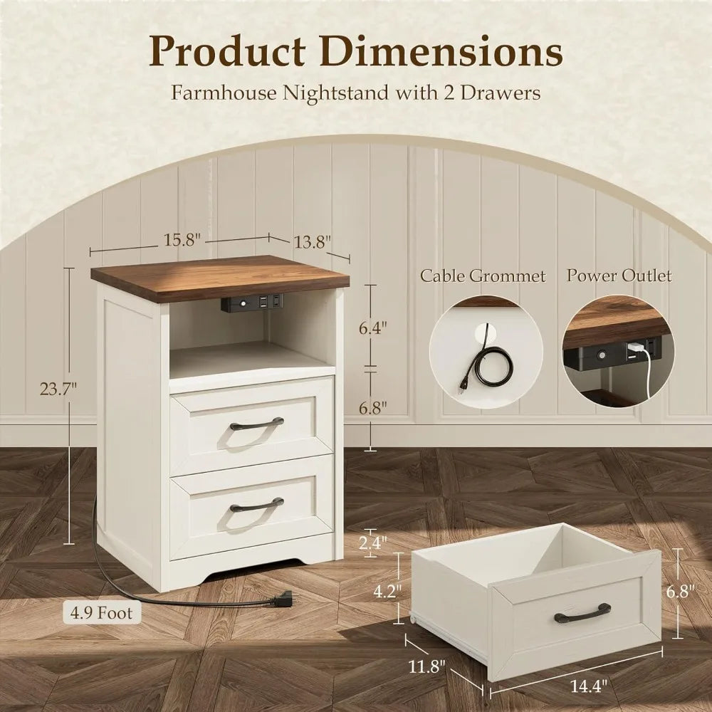 Farmhouse Nightstands Set Of 2 With LED Lighting And Charging - Home and Haven Store