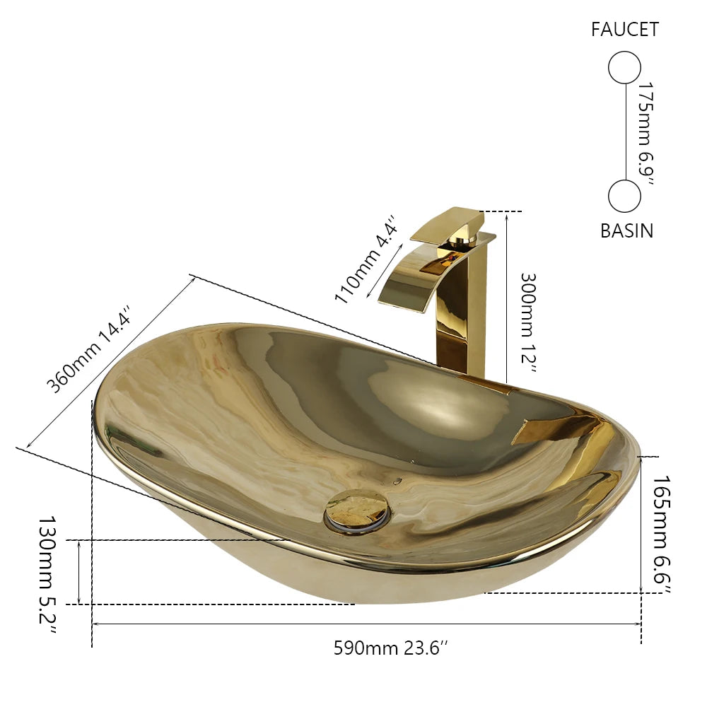 YANKSMART Gold Ceramic Luxury Vessel Sink Set Brass Faucet - Home and Haven Store
