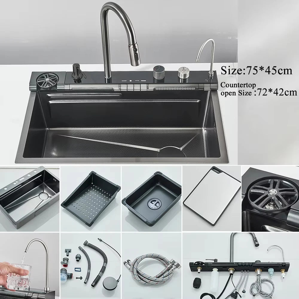 MYQualife 304 Stainless Steel Waterfall Kitchen Sink With Digital Faucet Set