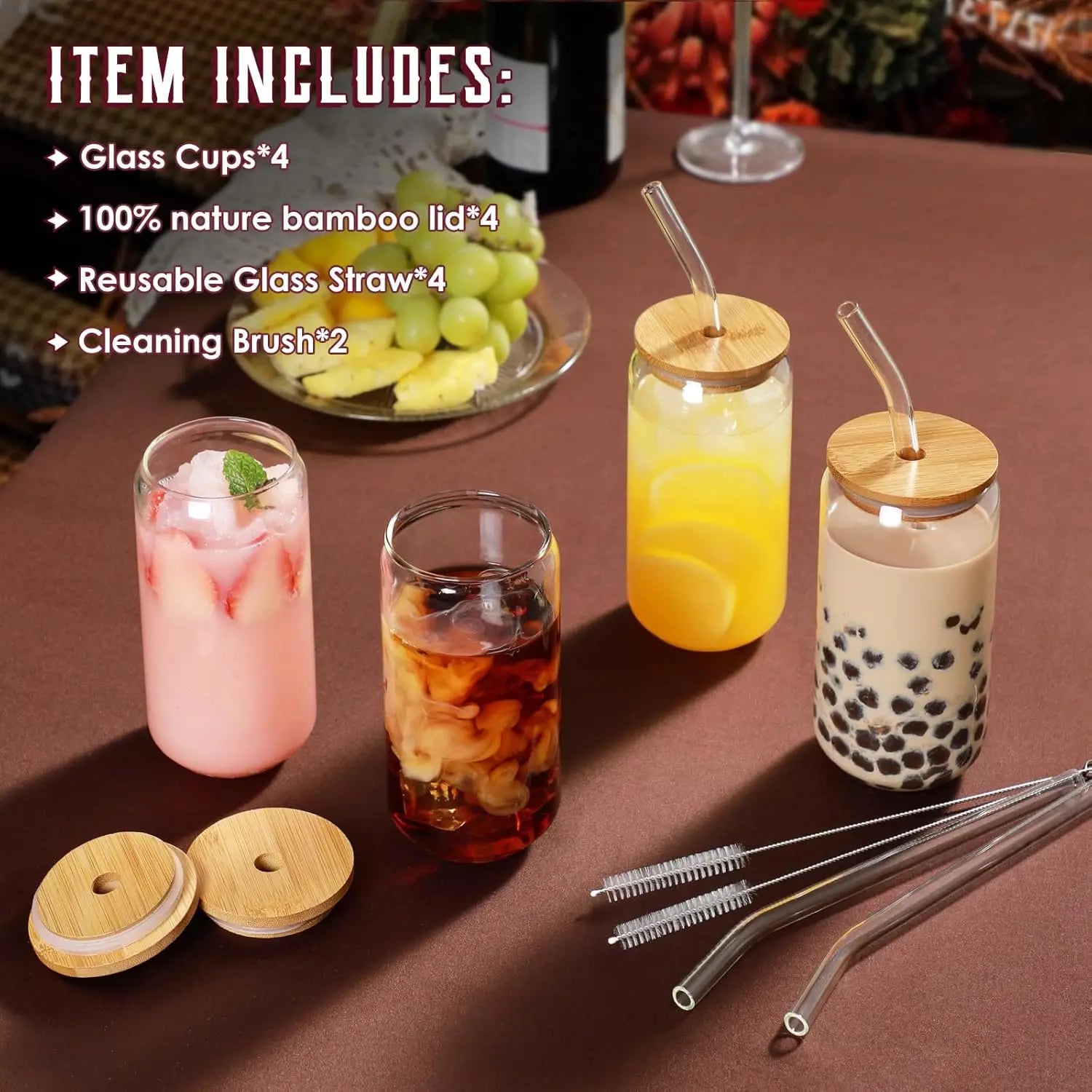 4-Piece Glass Set With Bamboo Lids And Glass Straws - Home and Haven Store