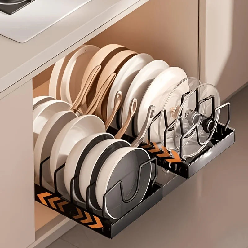 Adjustable Pull Out Kitchen Cabinet Pan Lid Sliding Storage Rack