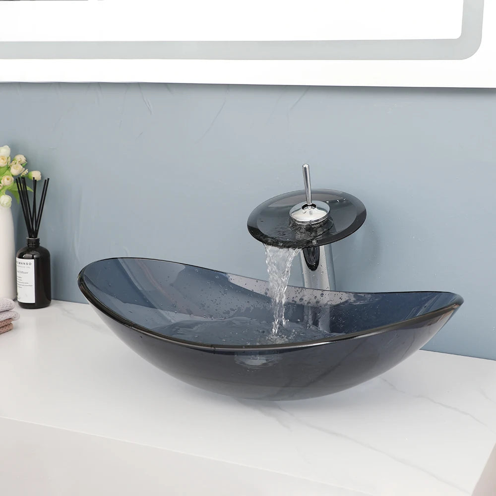 MEKKHALA Oval Glass Vessel Sink With Waterfall Faucet - Home and Haven Store