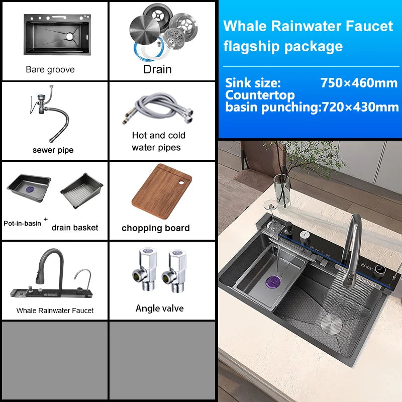 TELISIYA Waterfall Digital Display Stainless Steel Single Bowl Kitchen Sink