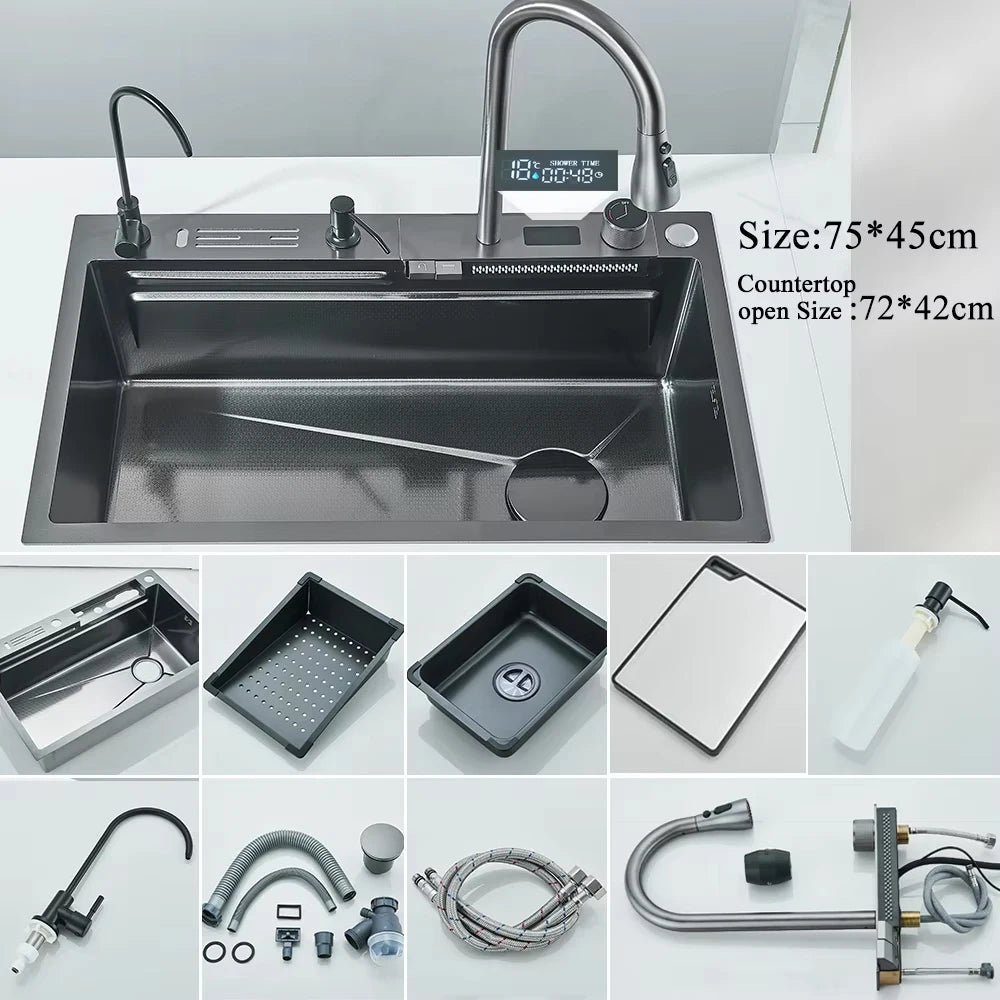 MYQualife 304 Stainless Steel Waterfall Kitchen Sink With Digital Faucet Set