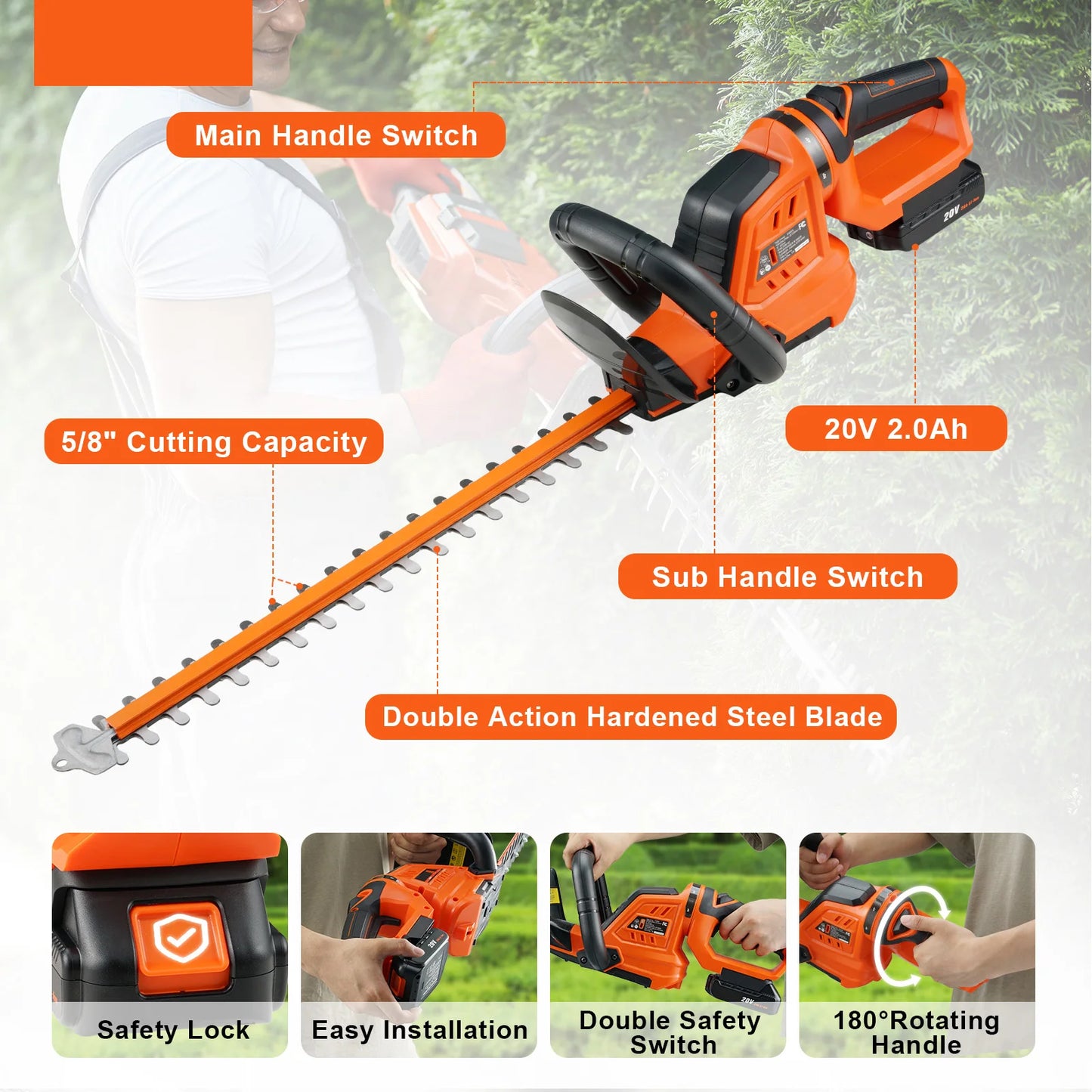 SucceBuy 20V Cordless Hedge Trimmer With Double-Edged Steel Blade