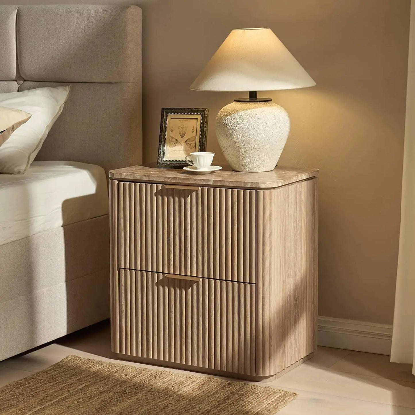 Fluted Nightstand Set Of 2 With Two Drawers And Curved