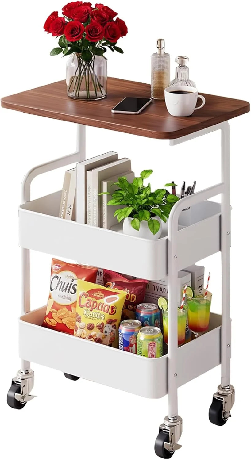 Three Tier Metal Rolling Storage Cart With Walnut Tabletop - Home and Haven Store