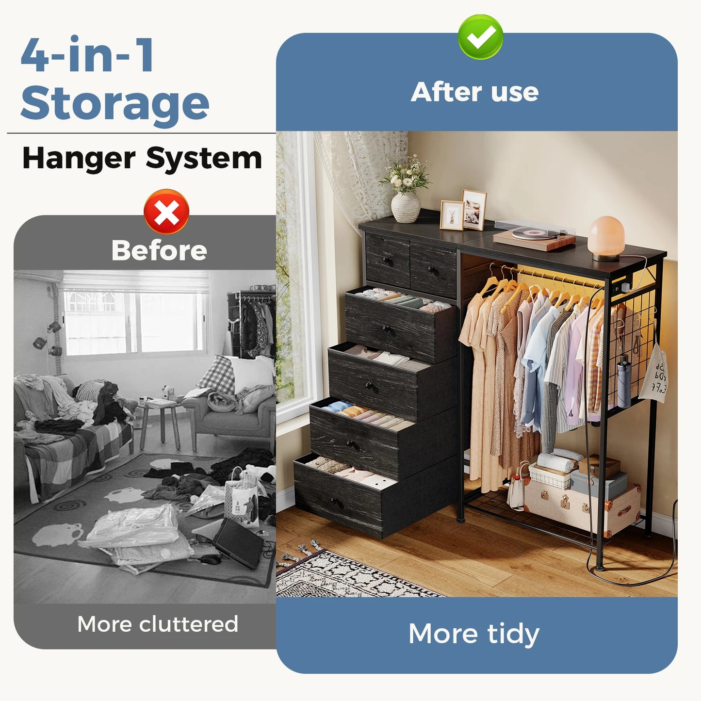 JHK 6 Drawer Dresser With Hanging Rack And Charging Station