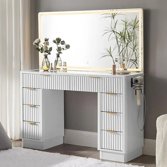 Guangbai Fluted Vanity Desk With LED Mirror And Eight Drawers