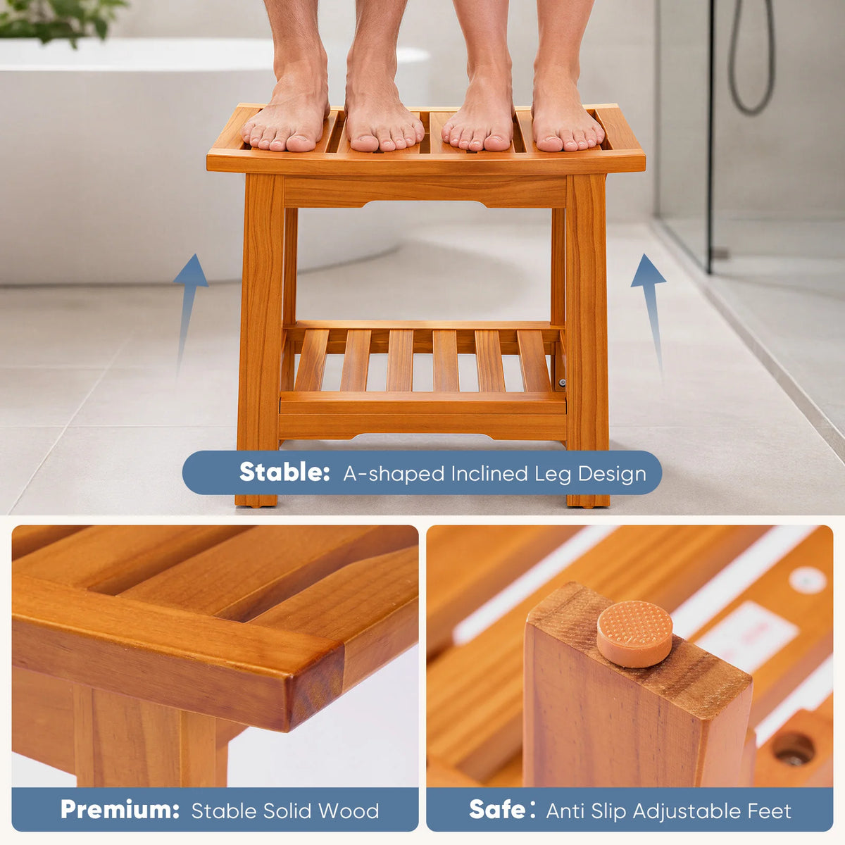 JHK Solid Wood Bathroom Shower Bench With Storage Shelf Handles