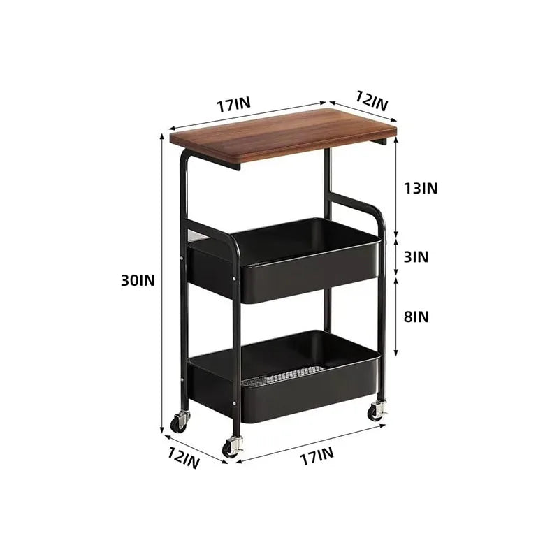 Three Tier Metal Rolling Storage Cart With Walnut Tabletop - Home and Haven Store