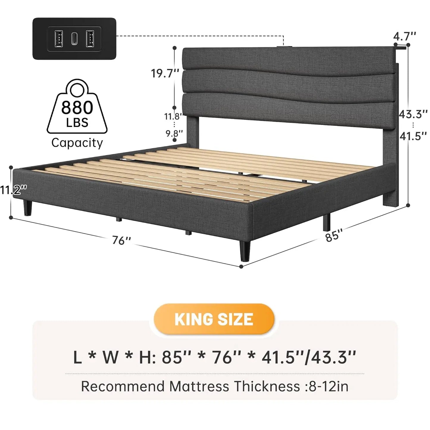 King Bed Frame Platform With Built In USB Charging Stations