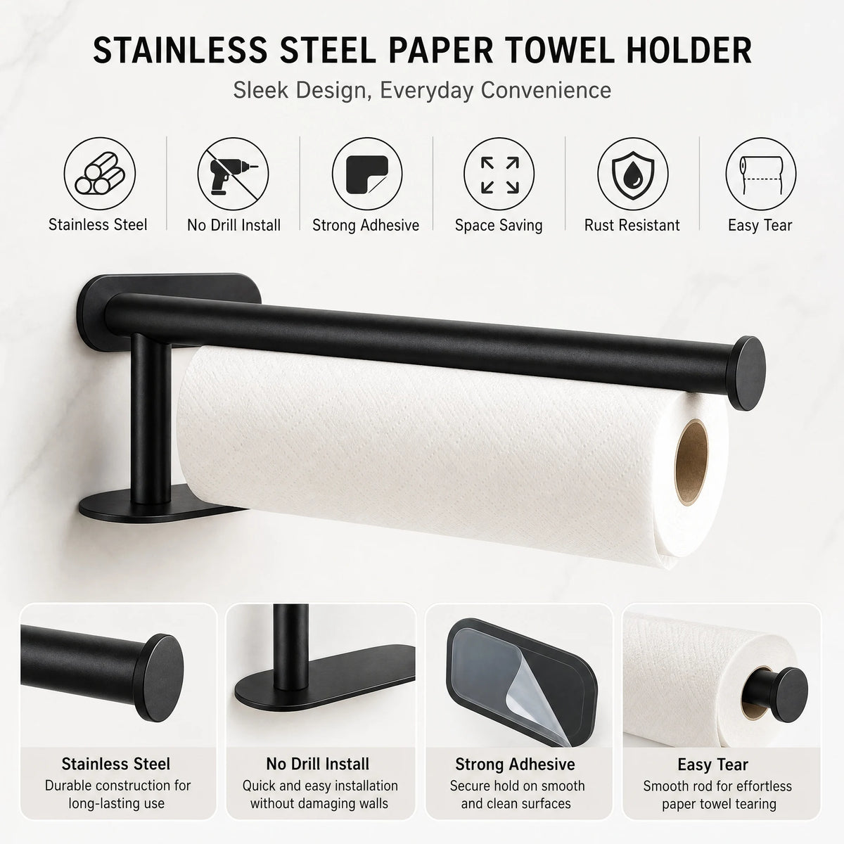 Adjustable Rust Proof Adhesive Paper Towel Holder Mount