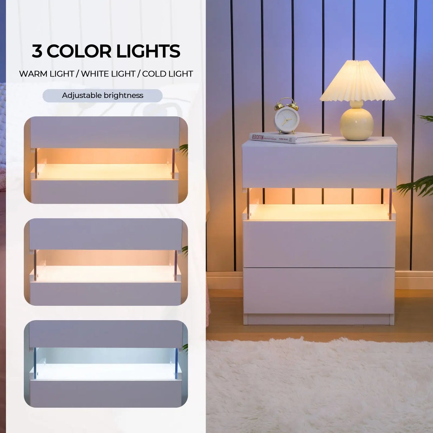 Cubehom Bedside Tables 2 Pack With LED Lighting 3 Drawers