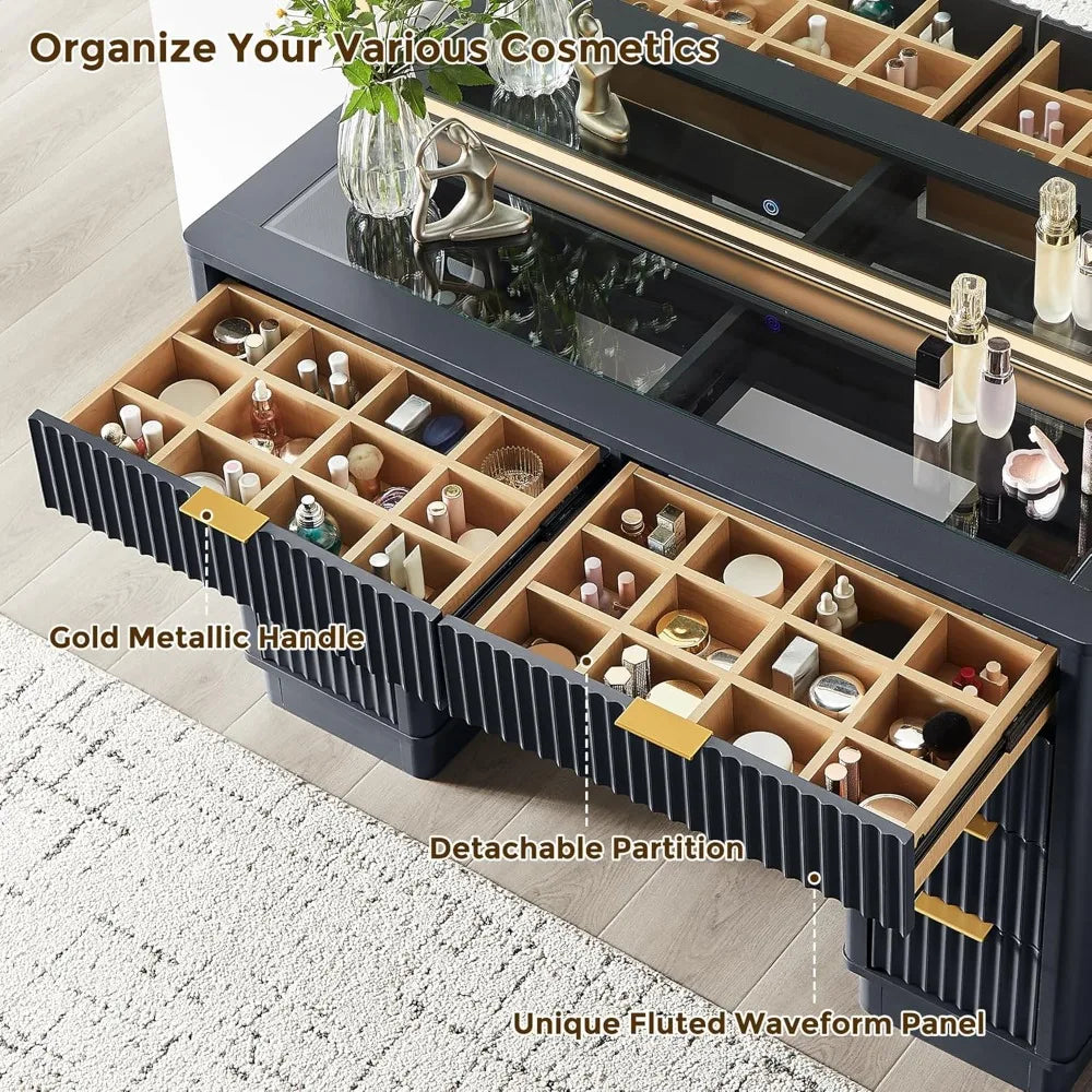 Guangbai Fluted Vanity Desk With LED Mirror And Eight Drawers