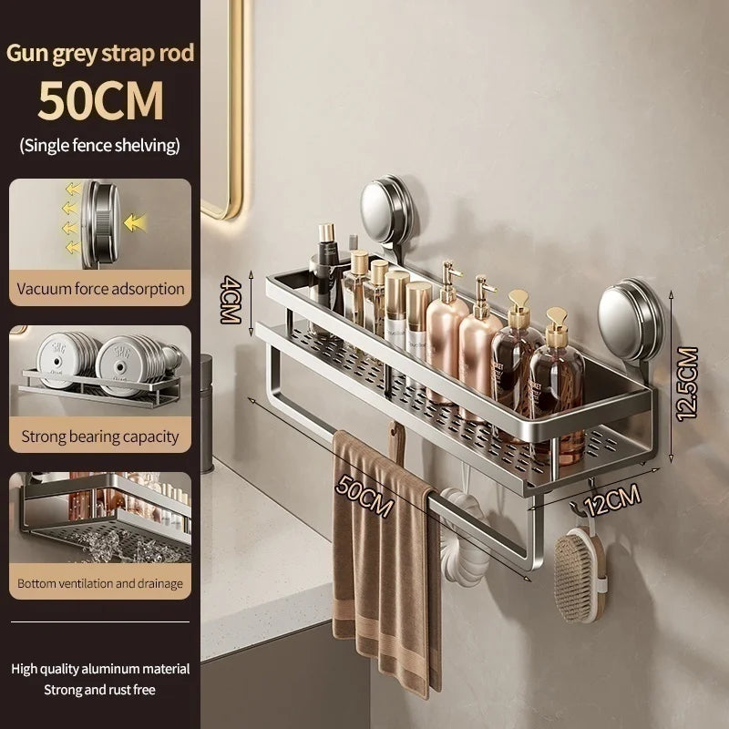 Wall Mounted Aluminum Bathroom Rack With Suction Cup Organizer