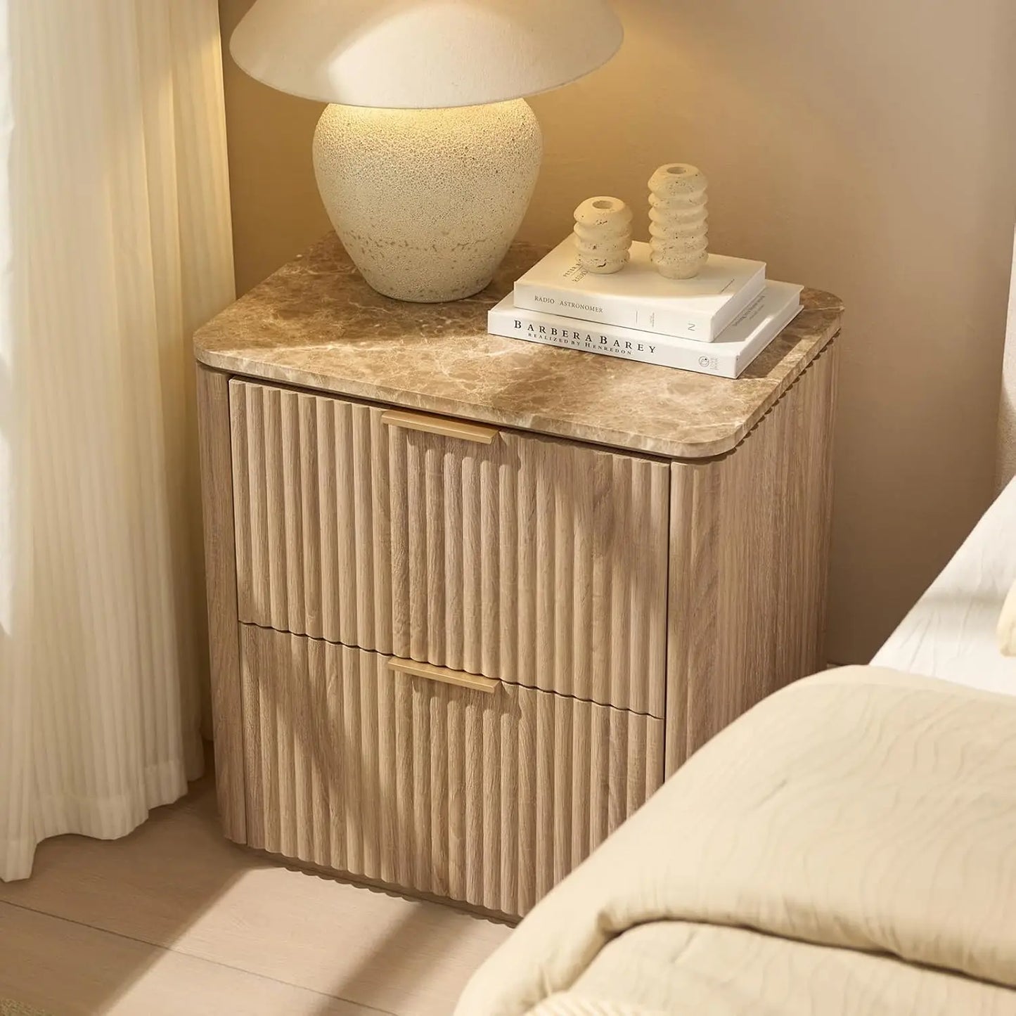 Fluted Nightstand Set Of 2 With Two Drawers And Curved