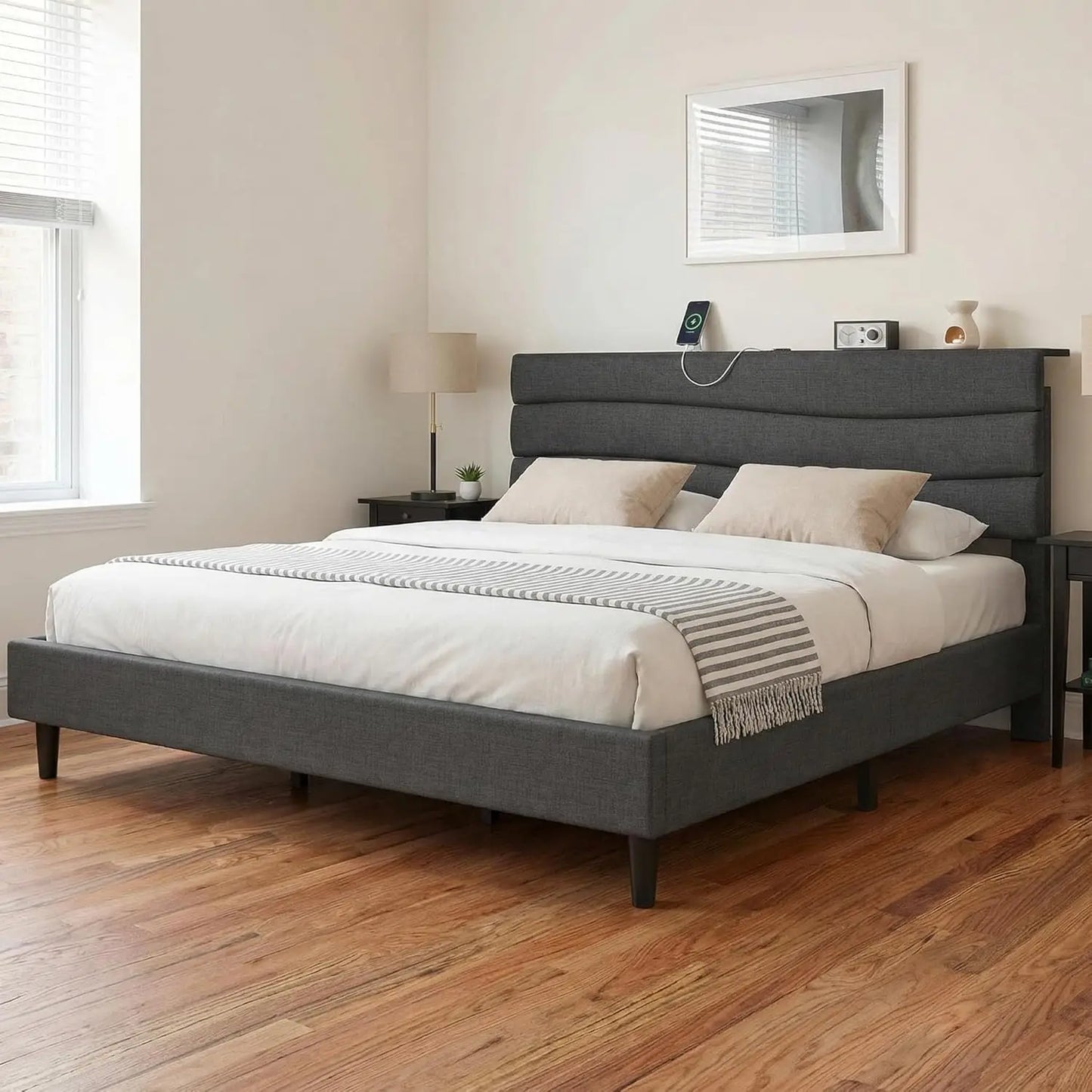 King Bed Frame Platform With Built In USB Charging Stations