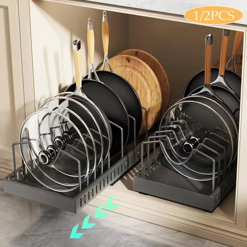 Adjustable Pull Out Kitchen Cabinet Pan Lid Sliding Storage Rack