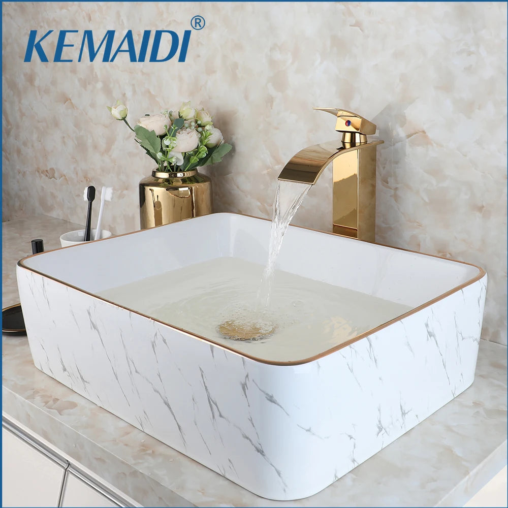 KEMAIDI Modern Edge Square Ceramic Vessel Sink Faucet Set - Home and Haven Store
