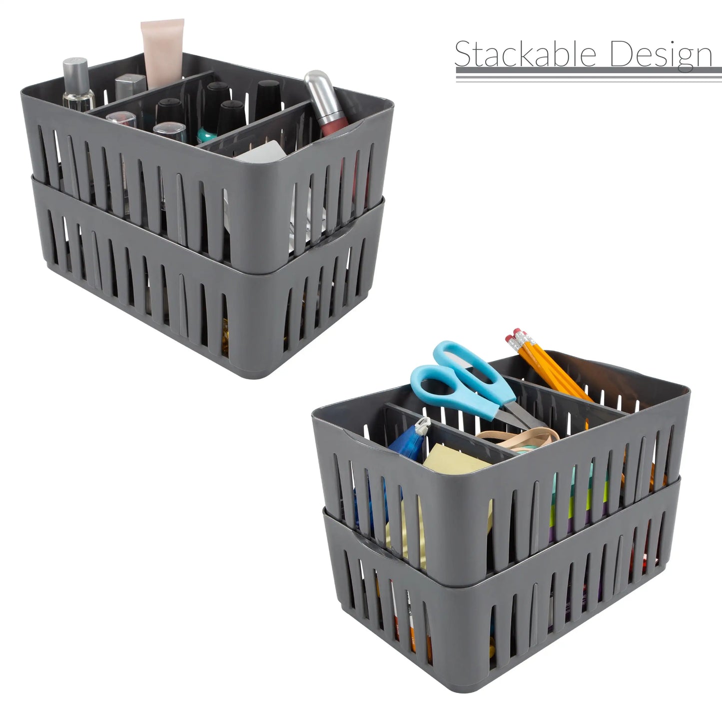 Stackable Plastic Organizer Bin With Adjustable Dividers