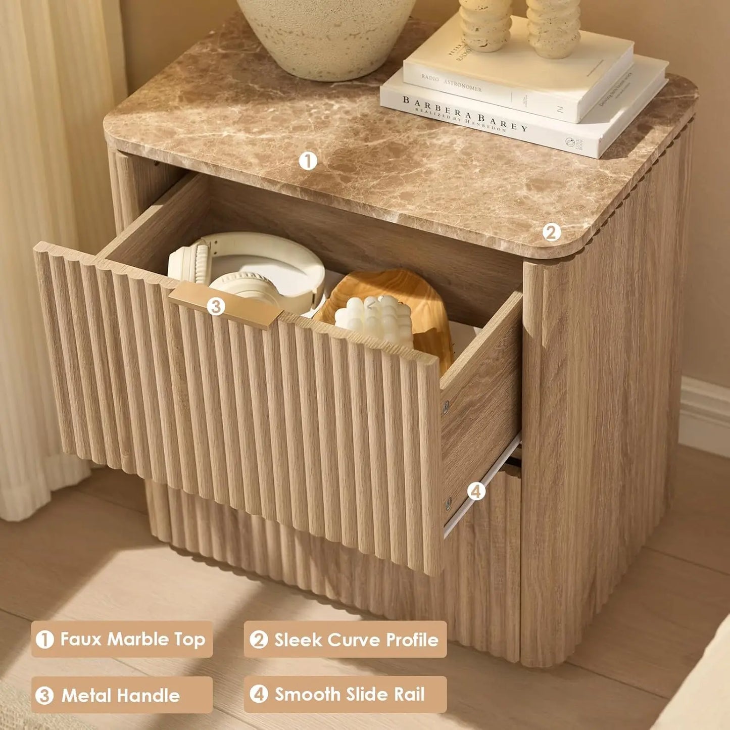 Fluted Nightstand Set Of 2 With Two Drawers And Curved